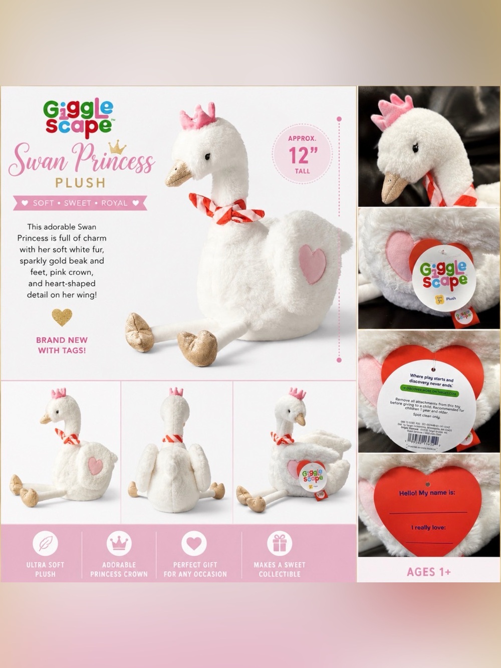 Giggletime Princess Swan Plush - White with Pink Heart NWT